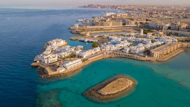 An aerial shot of the Red Sea beach in Hurghada City, Egypt